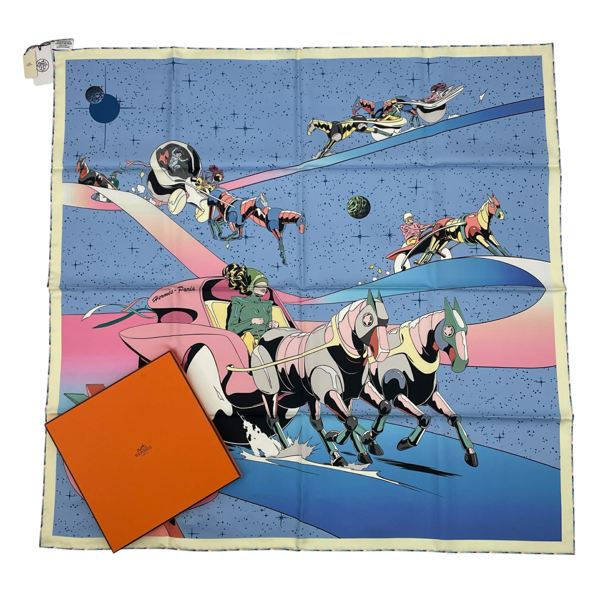 未当てはめる品 Hermes エルメス カレ90 絹地100％ えり巻き Space Derby 間隔文字力くらべ 青碧