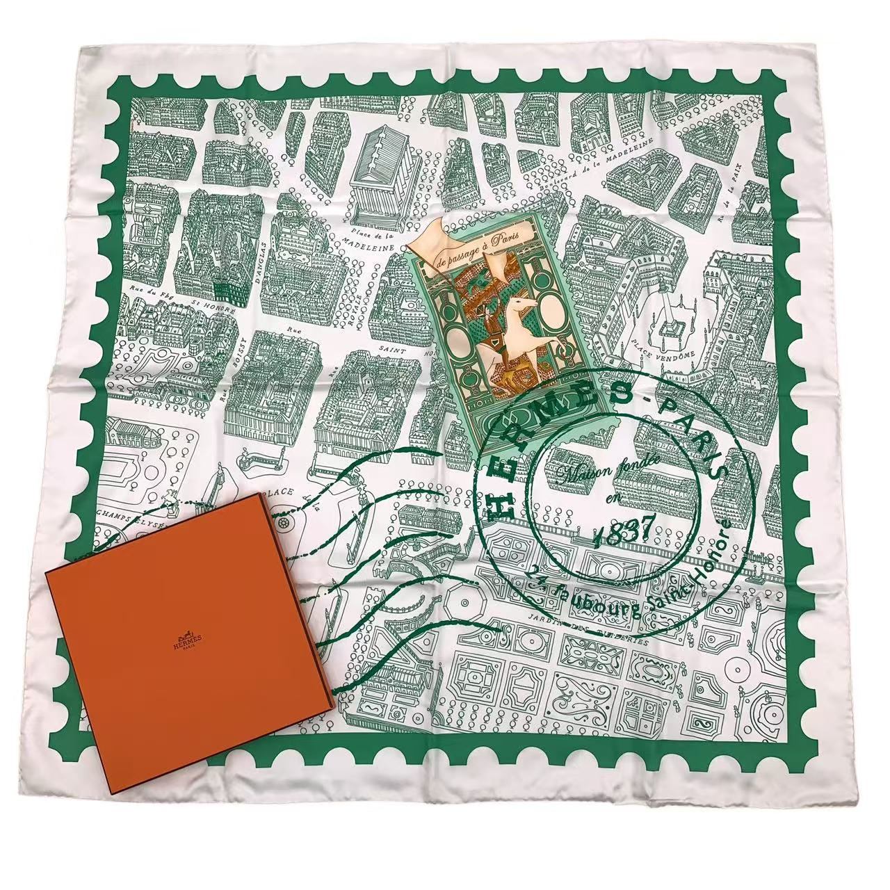 新品負けず劣らず HERMES エルメス カレ90 de passage a paris 光の都市の通った跡 地絹 えり巻き 緑であること 箱付き添い人