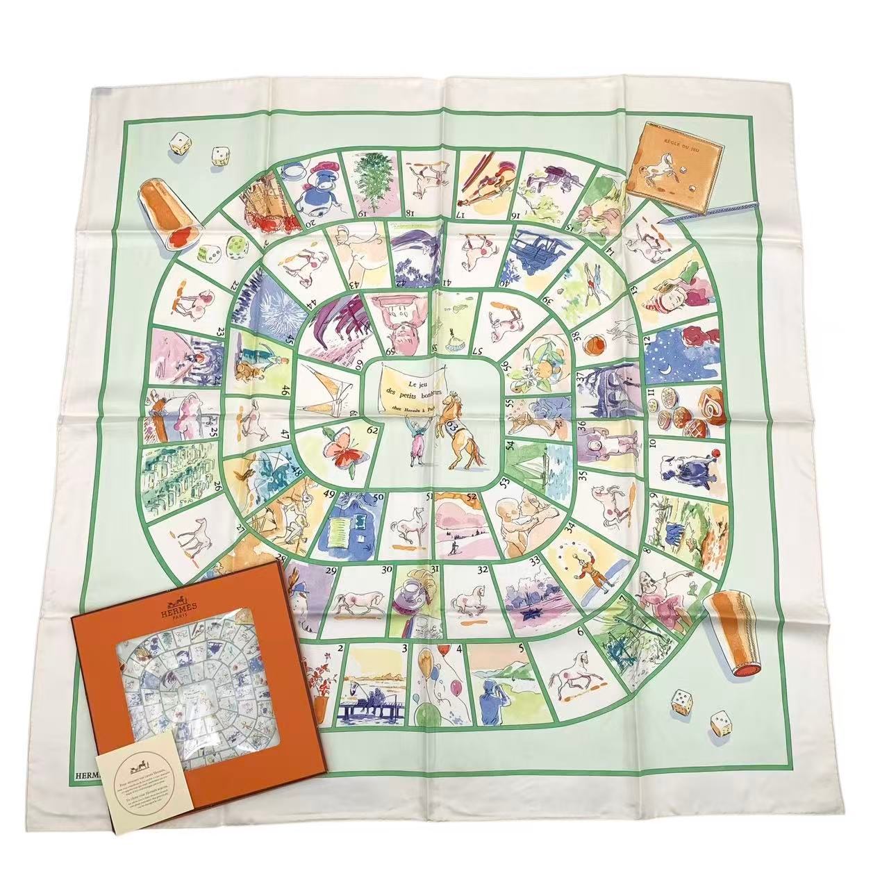 未当てはめる品 HERMES エルメス カレ90 Le jeu des petits bonheurs 小さなまわり合わせの力くらべ えり巻き 絹地 白いこと 箱付き添い人