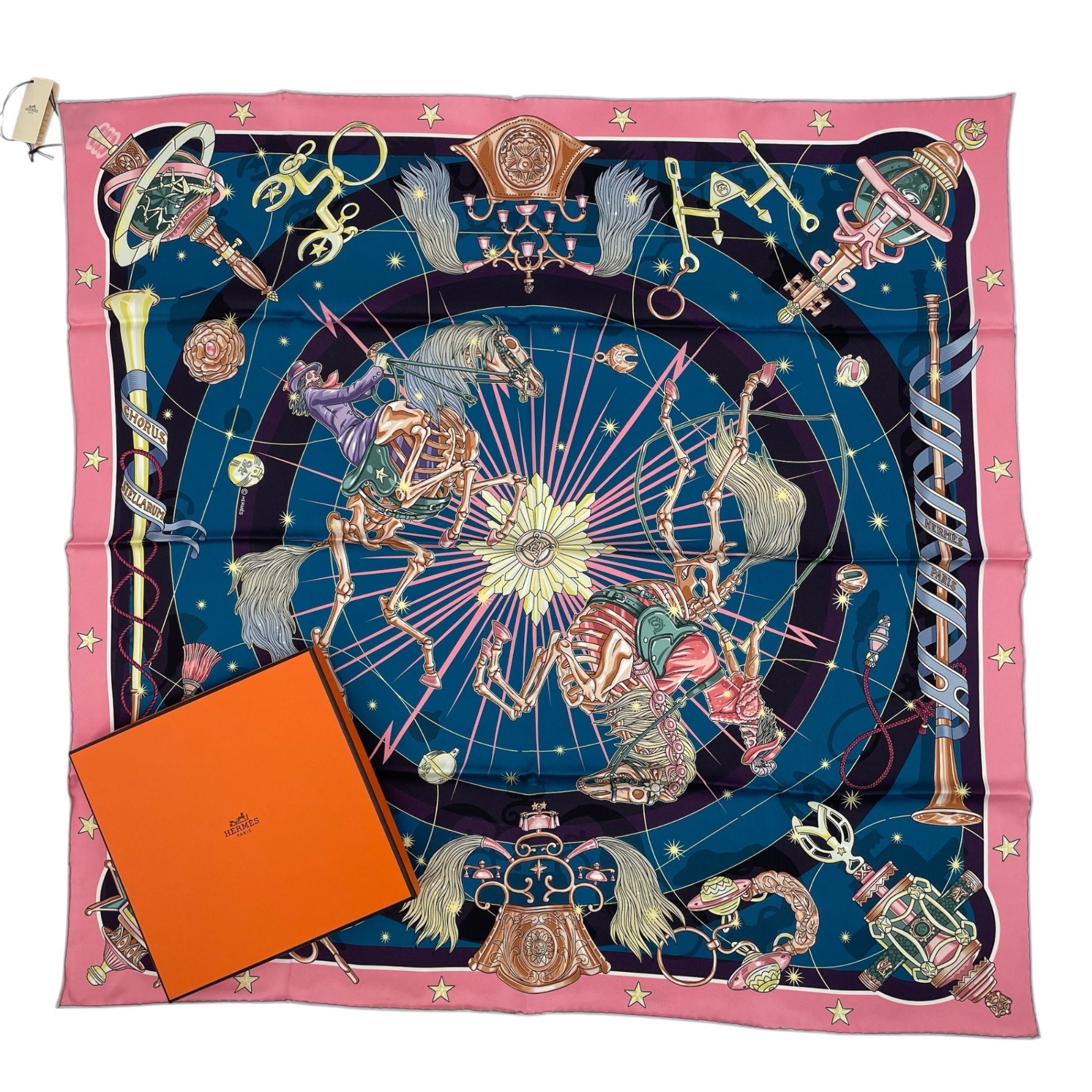 未当てはめる品 HERMES エルメス えり巻き 絹地100％ カレ70 CHORUS STELLARUM コーラス・ステラルム 青碧 箱付き添い人