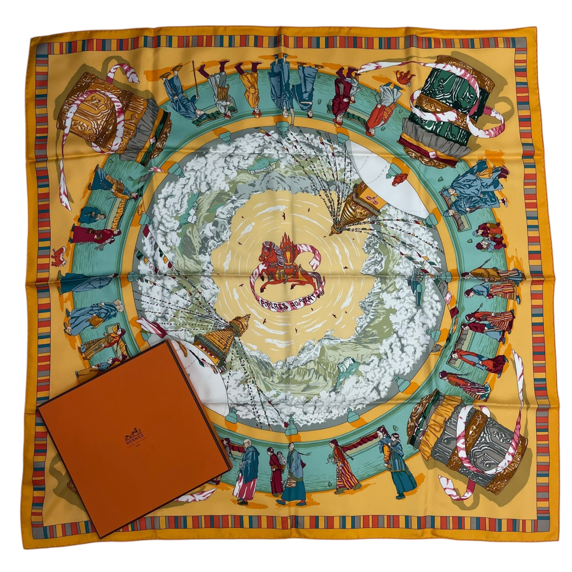 新品負けず劣らず HERMES エルメス カレ90 えり巻き 地絹100％ PRIERES 金 VENT 風の中の祈とう 黄色 箱付き添い人