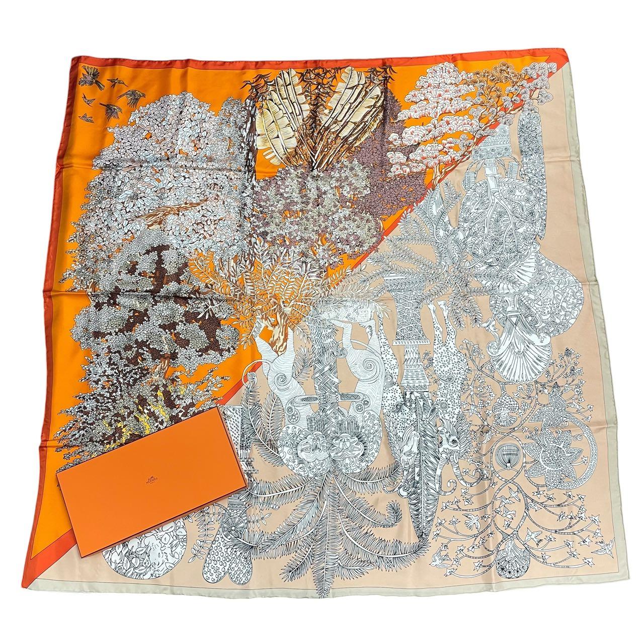 美品 HERMES エルメス えり巻き 絹地 カレ140 Les Legendes de L\u0027Arbre 木の謂われ因縁 オレンジ色 箱付き添い人