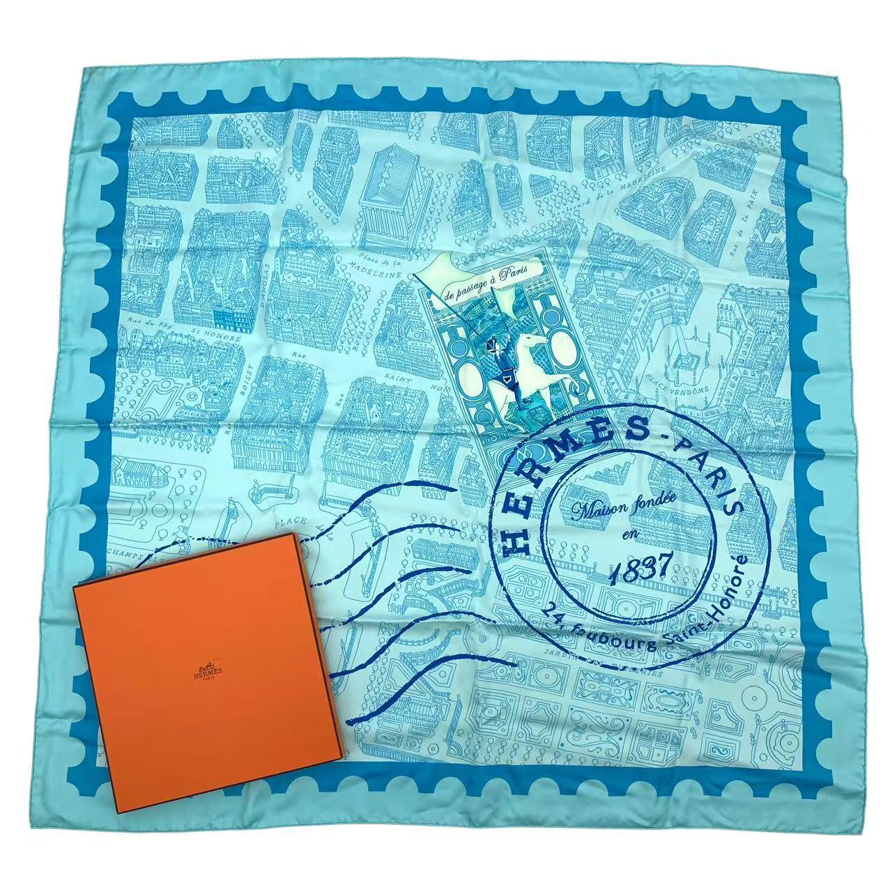 新品負けず劣らず HERMES エルメス カレ90 地絹 えり巻き de passage a paris 光の都市の通った跡 青碧 箱付き添い人