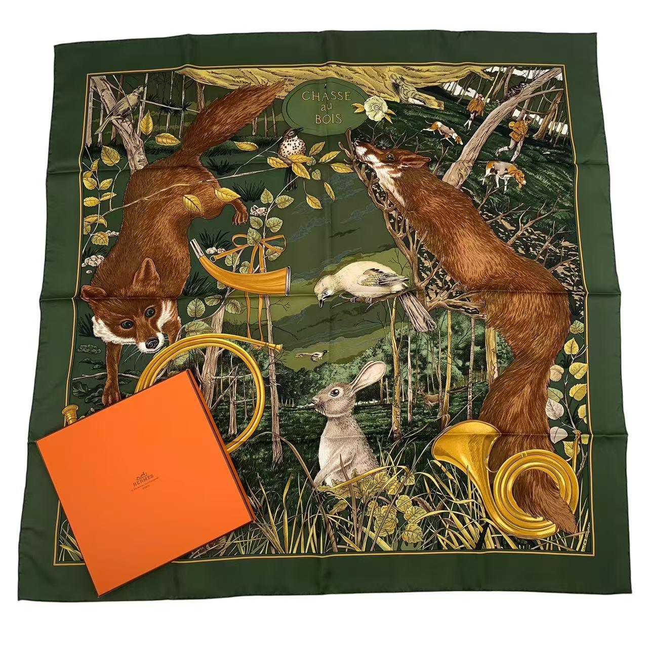 美品 HERMES オールドエルメス スカーフ カレ90 狩猟犬柄 箱付き 
