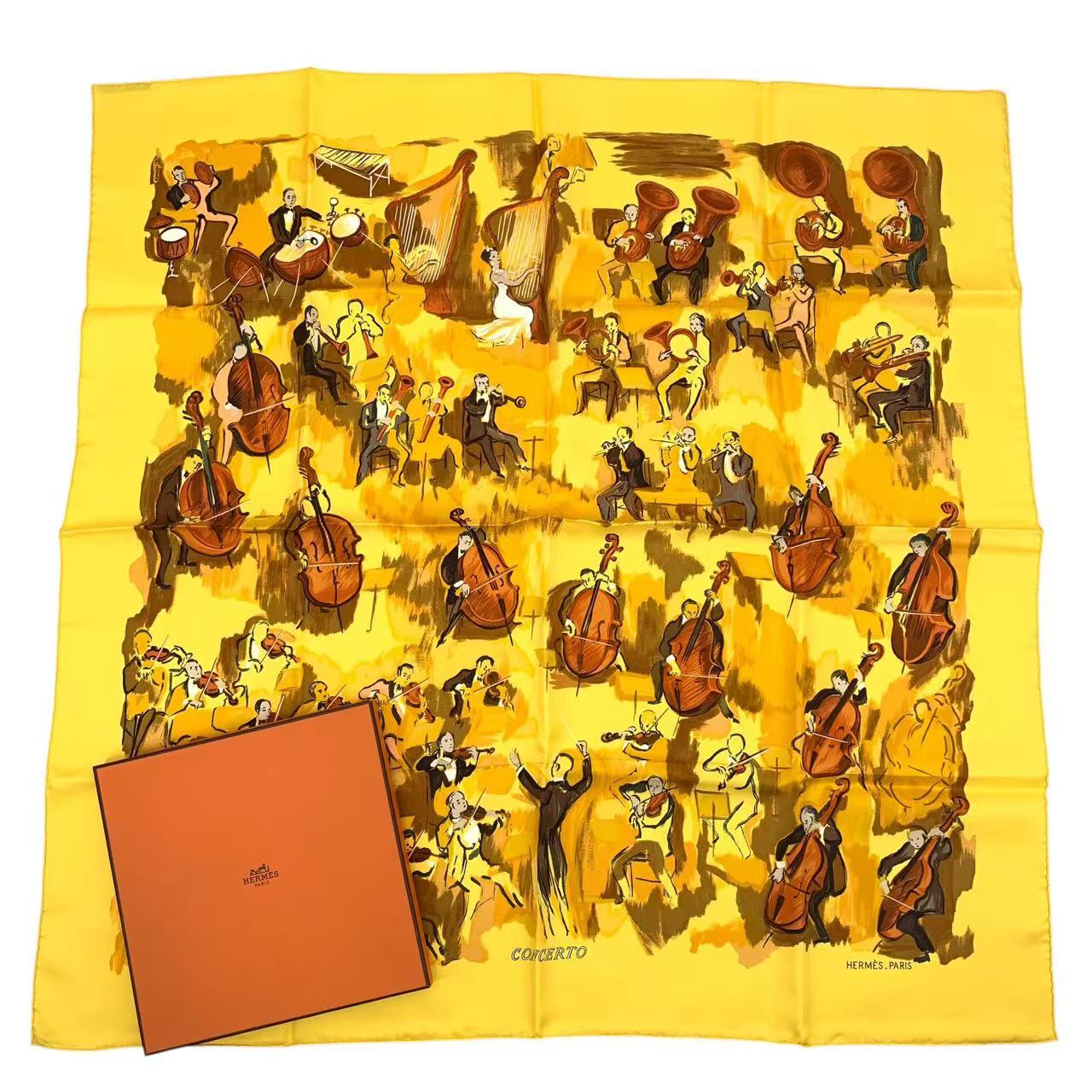 新品負けず劣らず HERMES エルメス カレ90 CONCERTO 協奏曲 黄色 地絹100% えり巻き 箱付き添い人