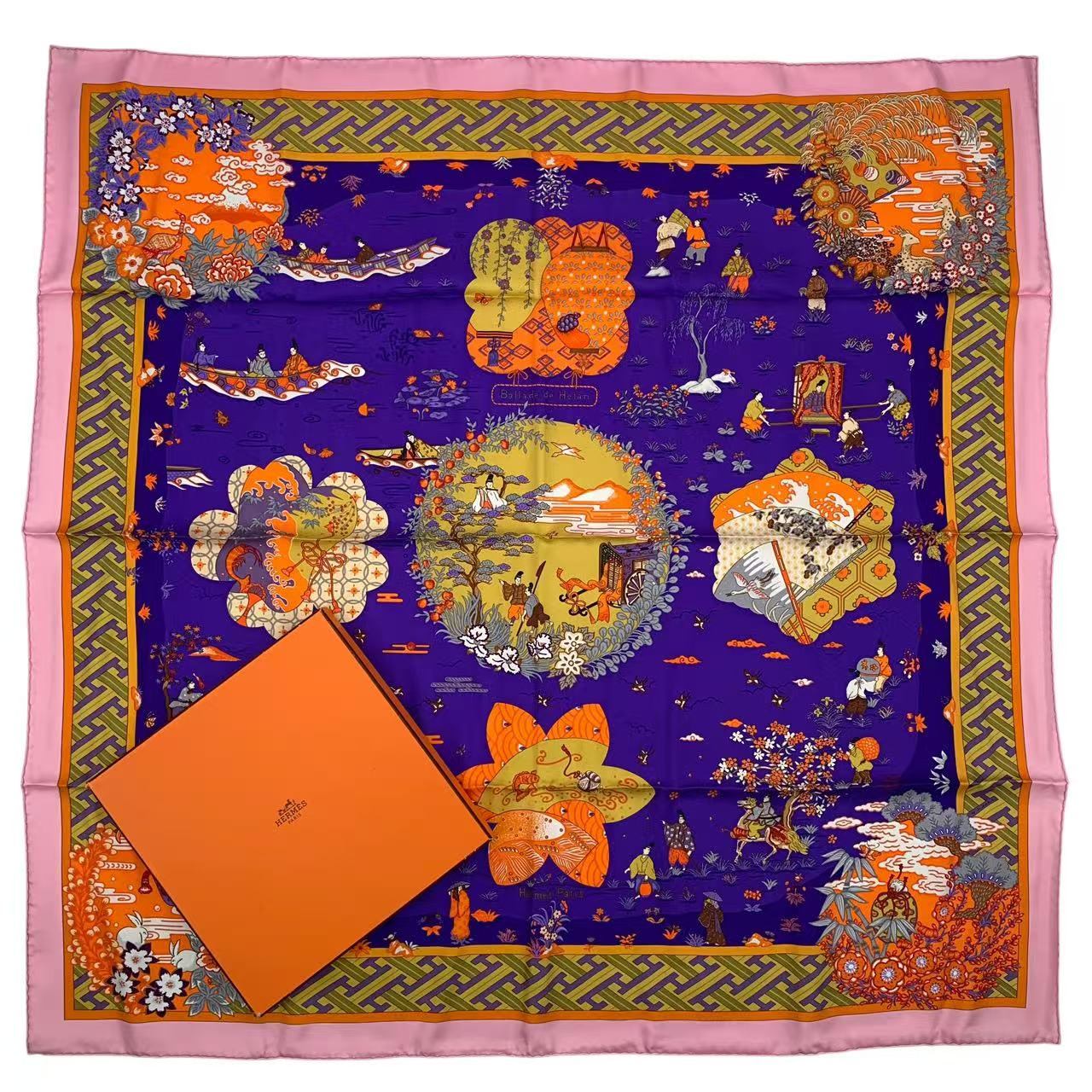 新品負けず劣らず HERMES エルメス カレ90 大判 えり巻き 地絹100% Ballade de Heian 長閑やかさの庭にて マルチ色つや 箱付き添い人