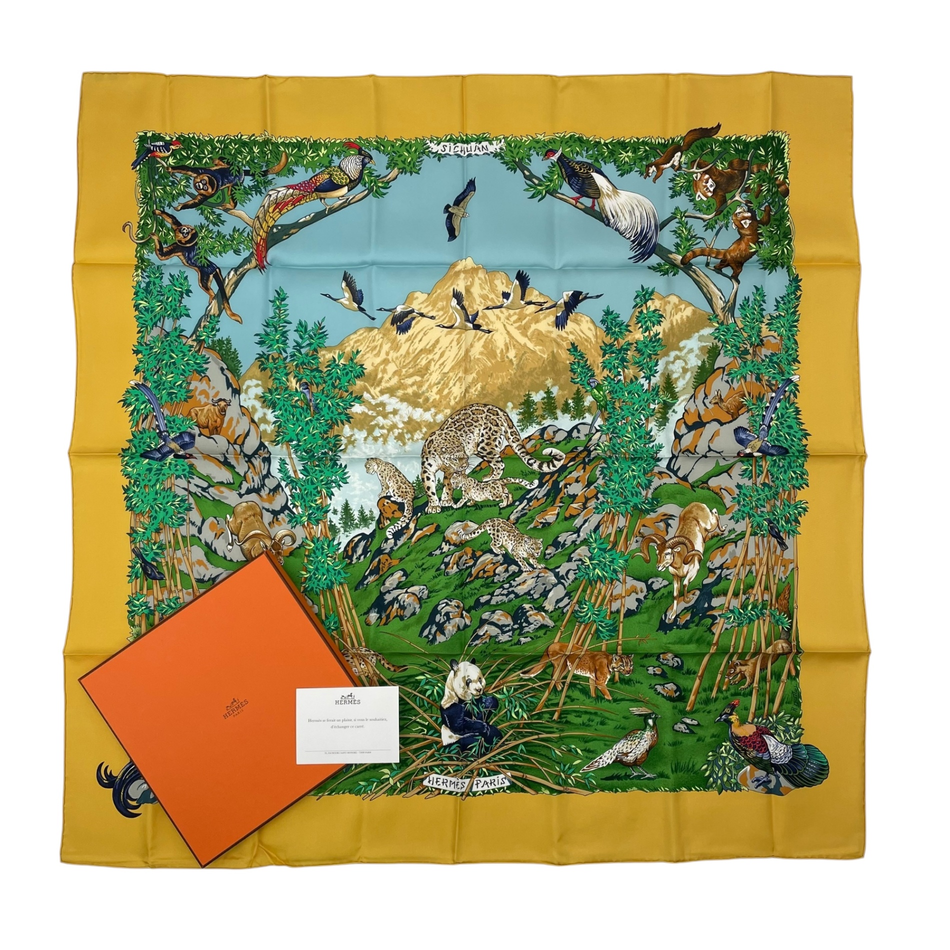 新品負けず劣らず HERMES エルメス カレ90 SICHUAN 四川省 絹地 えり巻き 黄色 箱付き添い人