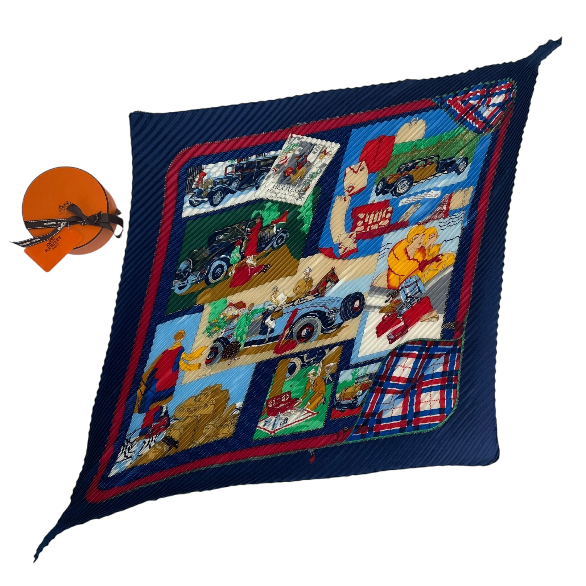 極美品 HERMES エルメス えり巻き 筋目 絹地 L\u0027・・l・・gance et le Confort en Automobile 四輪車の好いたらしい 青色 箱付き添い人