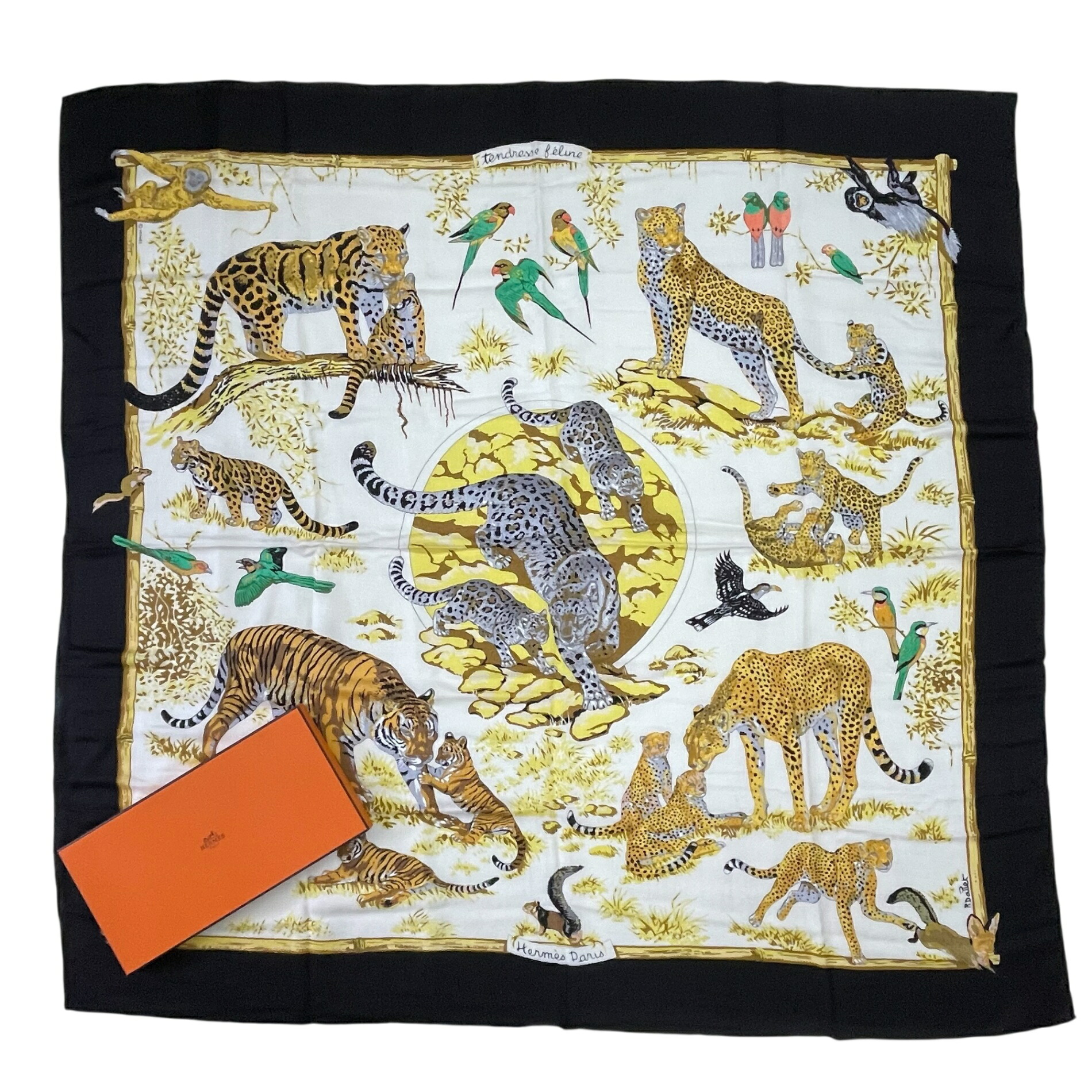 極美品 HERMES エルメス カレ140 大判 Tendresse Feline 自然状態の優しさ 黒いこと 箱付き添い人