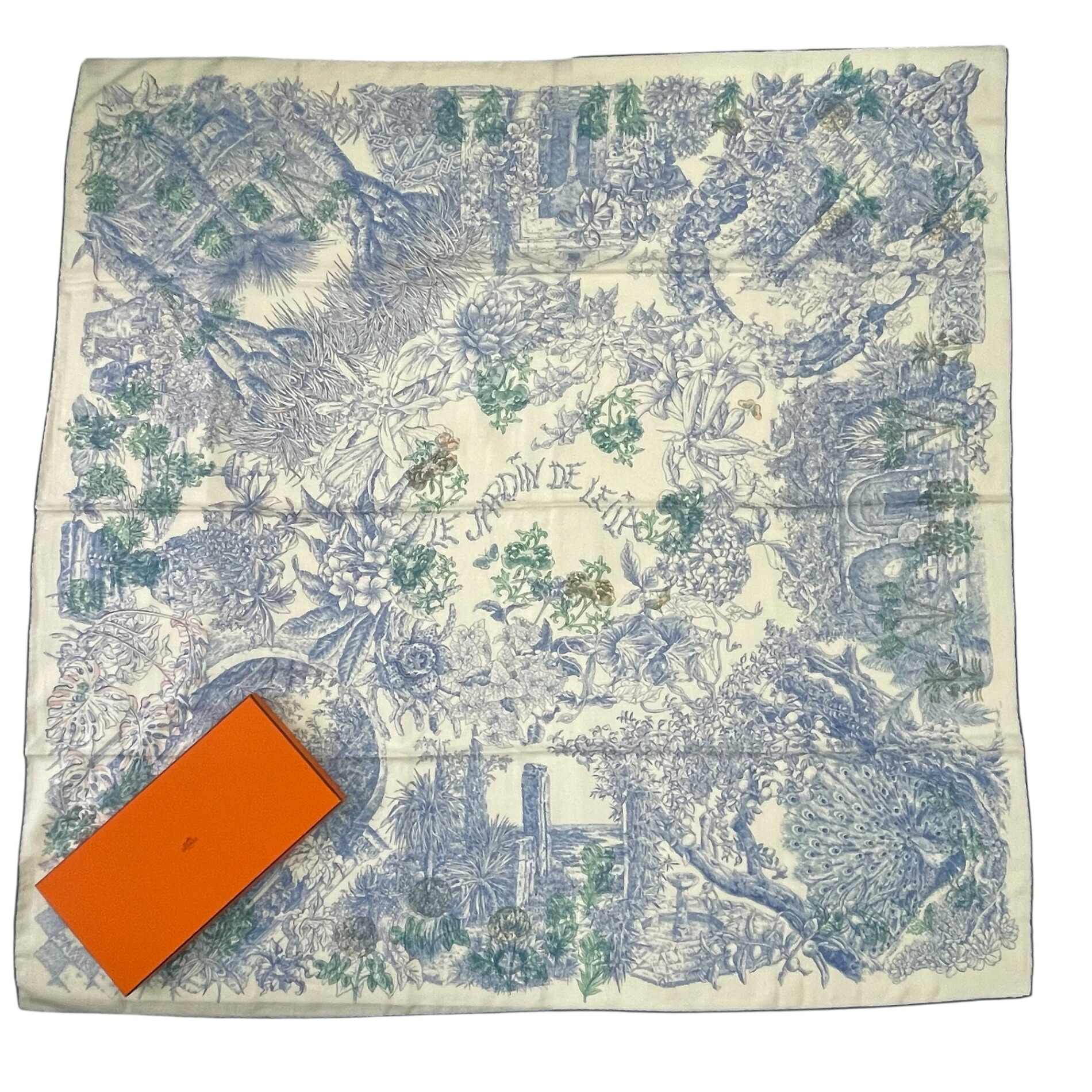 新品負けず劣らず HERMES エルメス カレ140 大判 Le Jardin de Leila カレジェアン レイラの庭 青碧 箱付き添い人