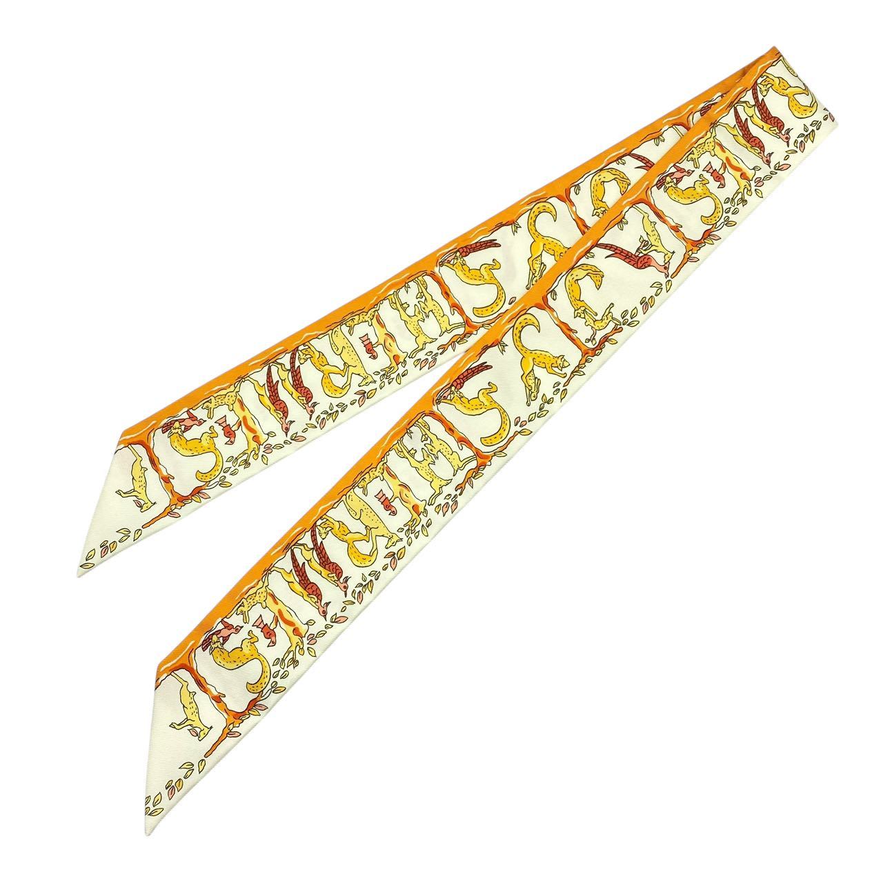 極美品 HERMES エルメス ツイリー スカーフ シルク willy Alphabet 3 Forest Animals アルファベット3 森の動物 オレンジ ｘ ホワイト｜Tokyo Vintage Brand