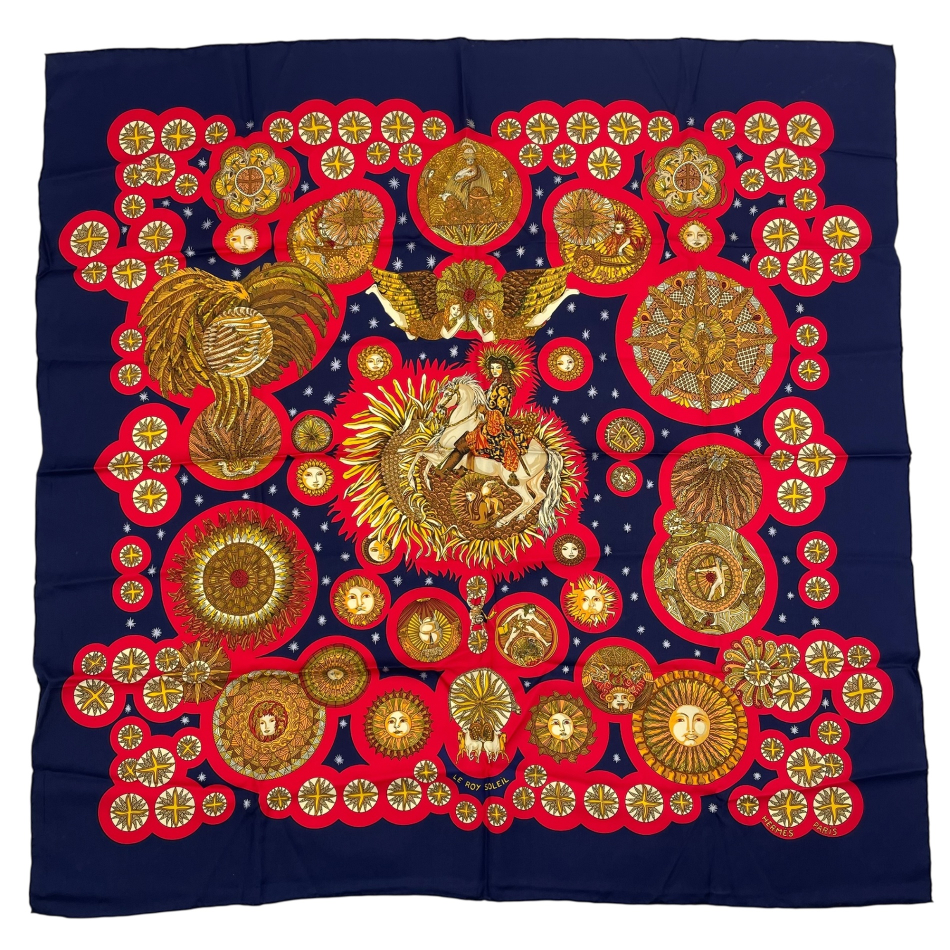 美品 HERMES エルメス スカーフ シルク カレ90 LE ROY SOLEIL 太陽王 ネイビー｜Tokyo Vintage Brand