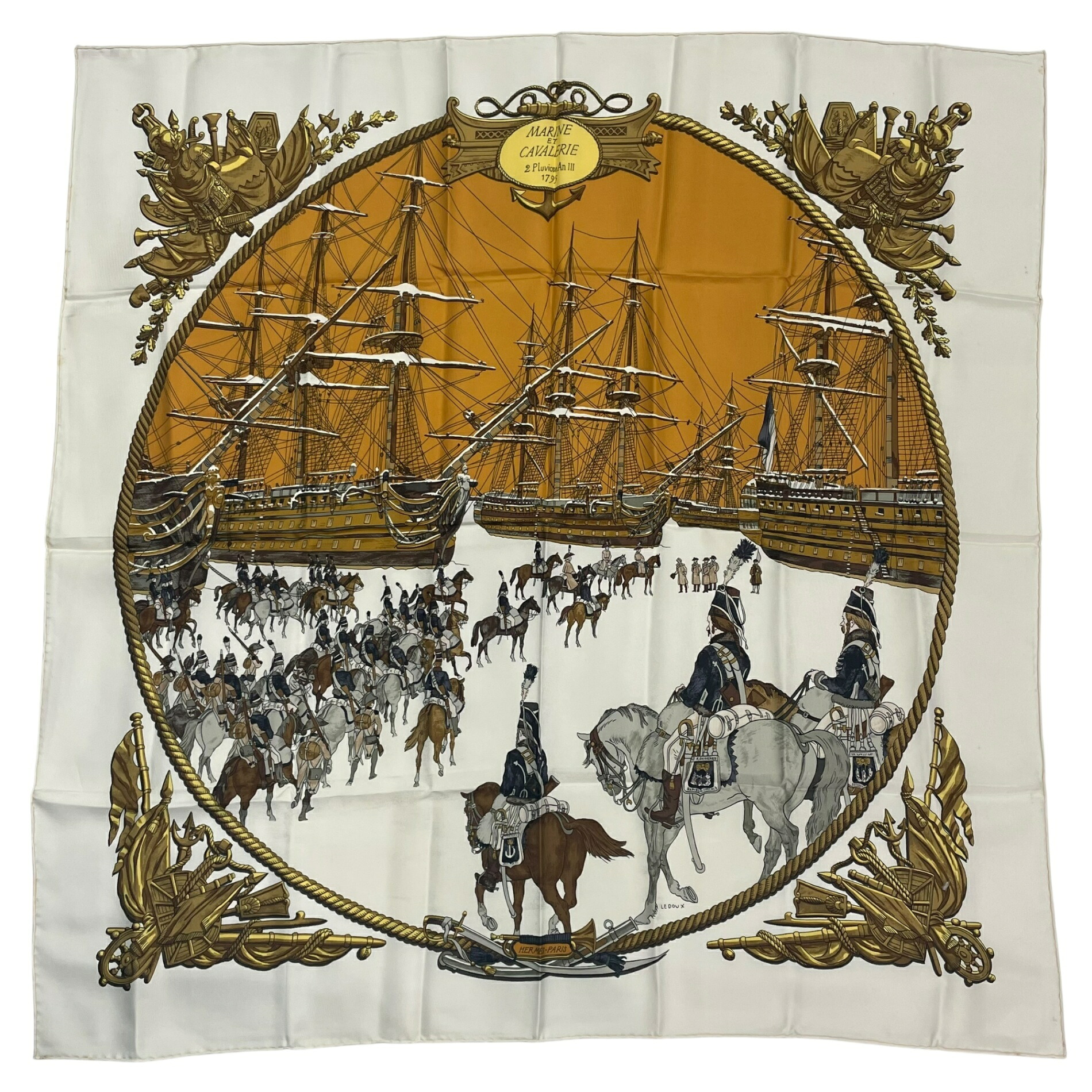 美品 HERMES エルメス えり巻き 絹地 カレ90 MARINE ET CAVALERIE 海と騎兵隊 白いこと