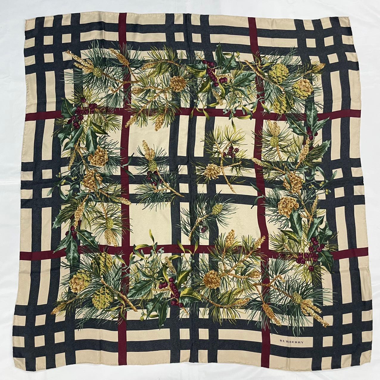 極美品 BURBERRY バーバリー スカーフ シルク チェック柄 花柄 マルチ