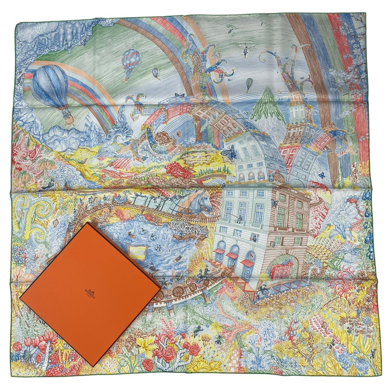 新品負けず劣らず HERMES エルメス えり巻き 地絹 カレ90 虹 軽気球 マルチ色つや 箱付き添い人
