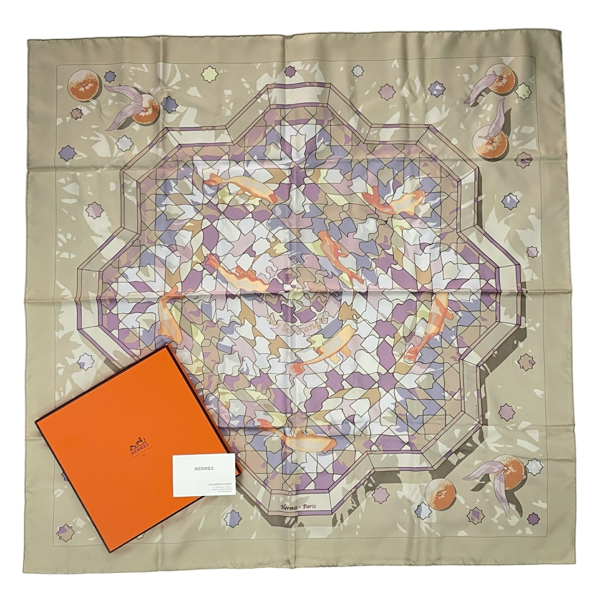 極美品 HERMES エルメス えり巻き 絹地 カレ90 sous les oranges オレンジ色の木の下で ベージュ 箱付き添い人