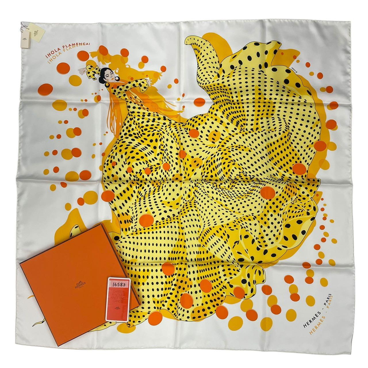 未当てはめる品 HERMES エルメス えり巻き 絹地 カレ90 HOLA FLAMENCA オラ フラメンカ 黄色 箱付き添い人