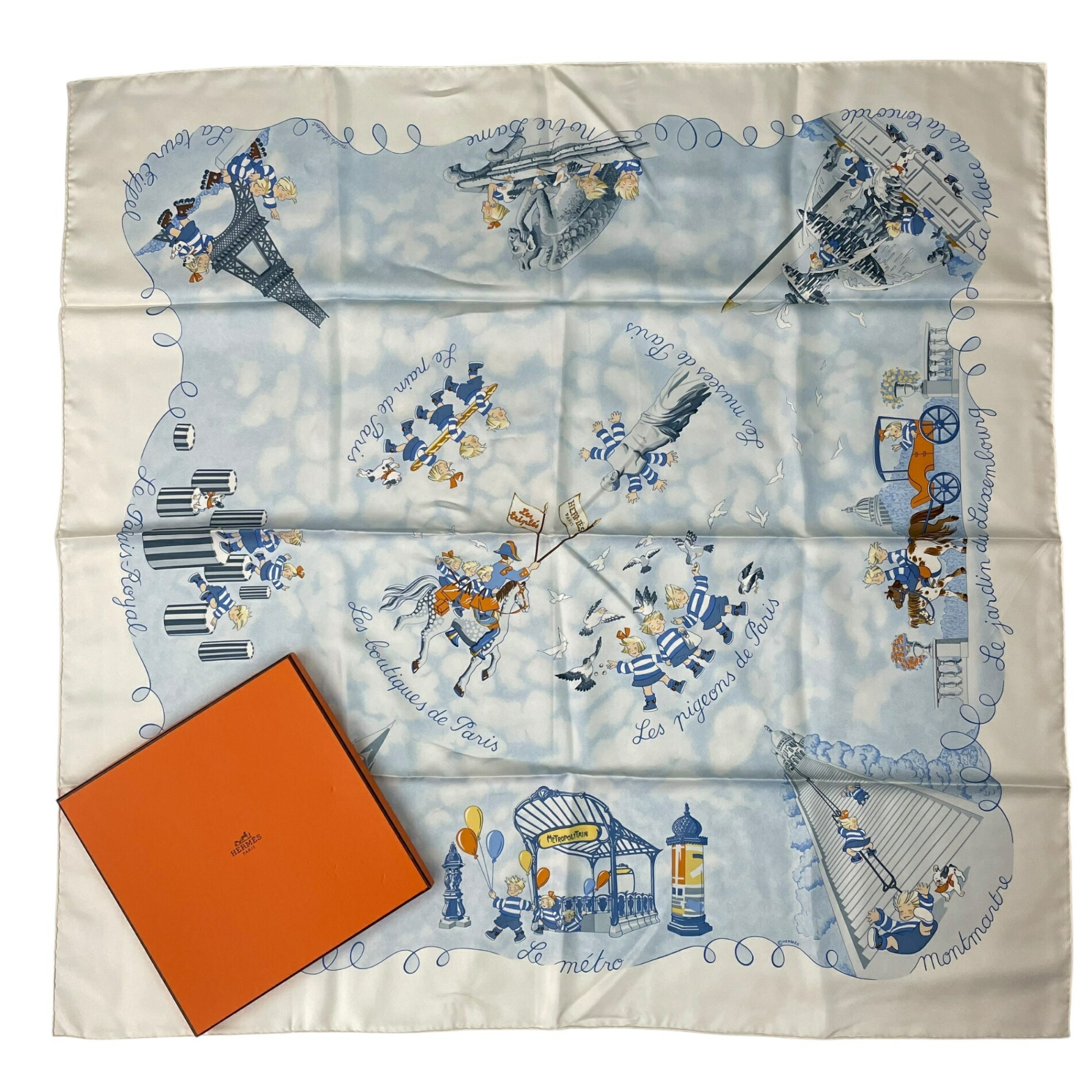 新品負けず劣らず HERMES エルメス えり巻き 地絹 カレ90 Les Triples de Paris 悪てんごう三つ子 白いこと 箱付き添い人