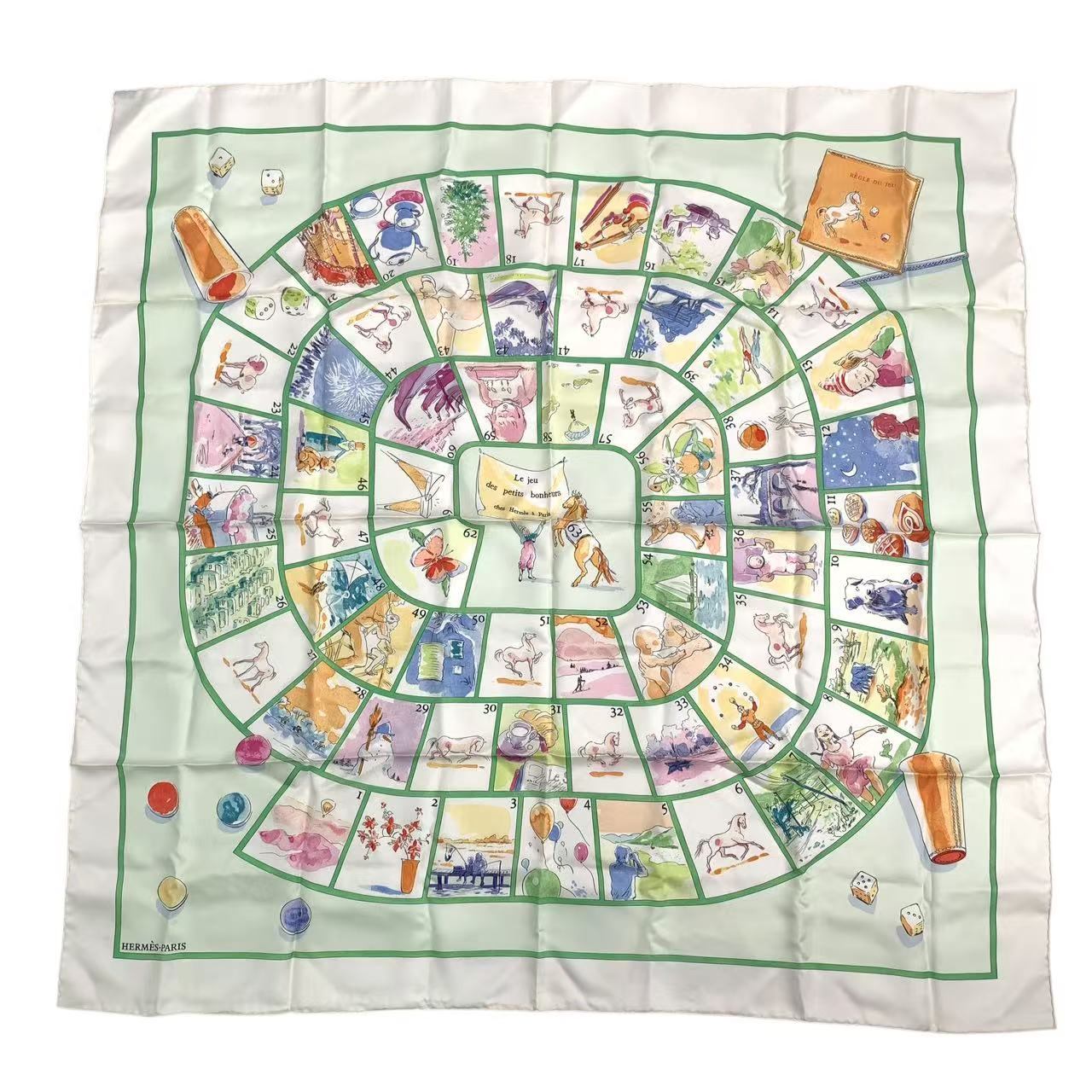 新品負けず劣らず HERMES エルメス カレ90 Le jeu des petits bonheurs 小さなまわり合わせの取り組み えり巻き 絹地 白いこと