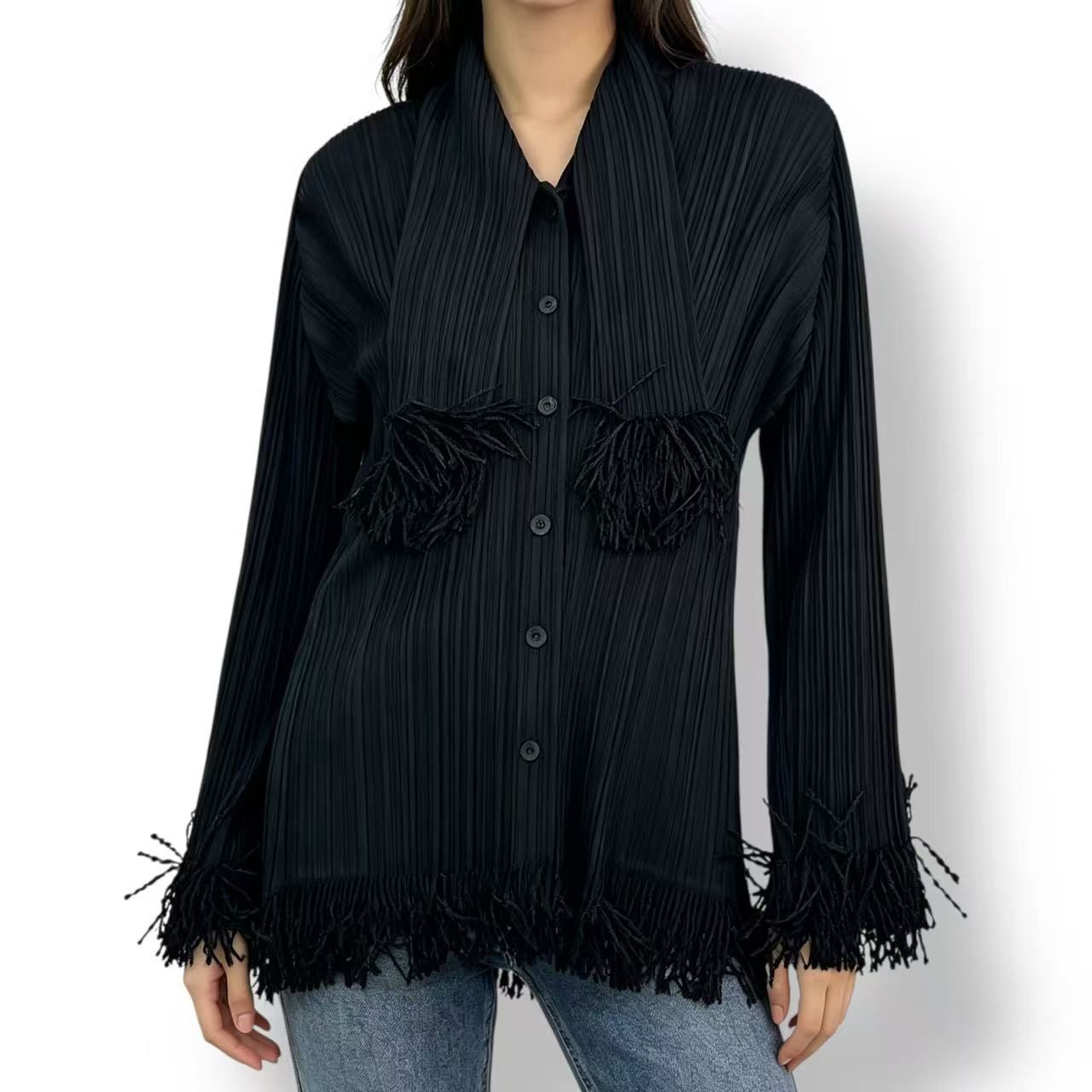 極美品 ISSEY MIYAKE イッセイミヤケ PLEATS PLEASE 筋目プリーズ トップス ジレー フリンジ 黒いこと 大きさ3