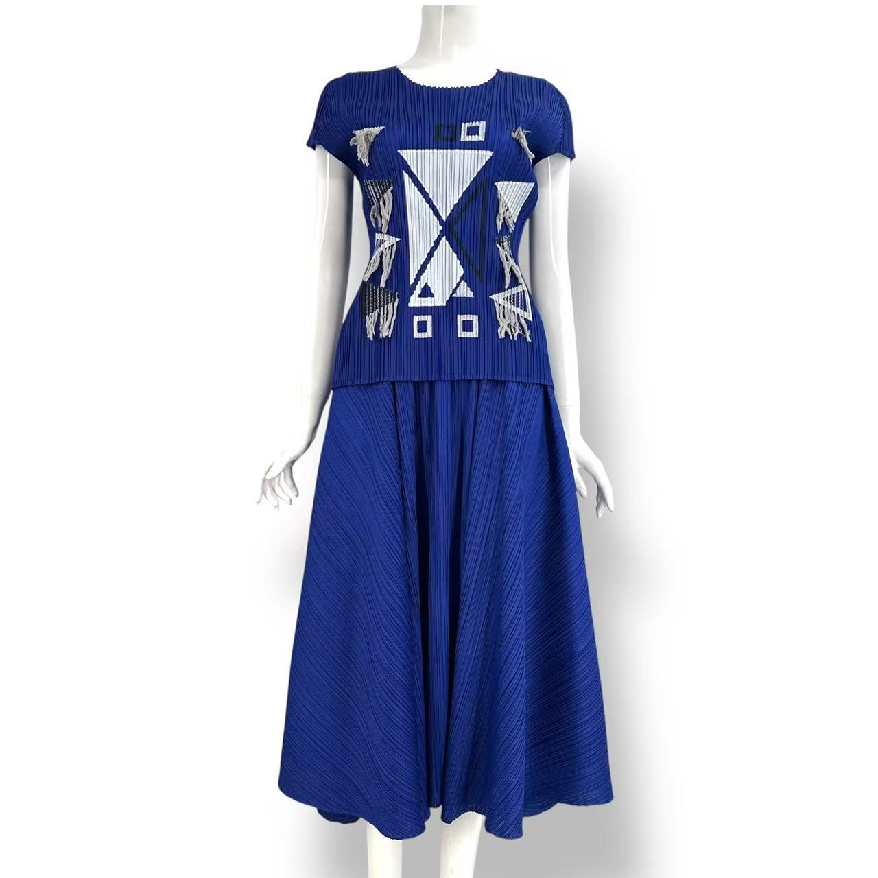 極美品 ISSEY MIYAKE イッセイミヤケ PLEATS PLEASE 筋目プリーズ セットアップ トップス スコート パッチワーク フリンジ 青碧 大いさ3