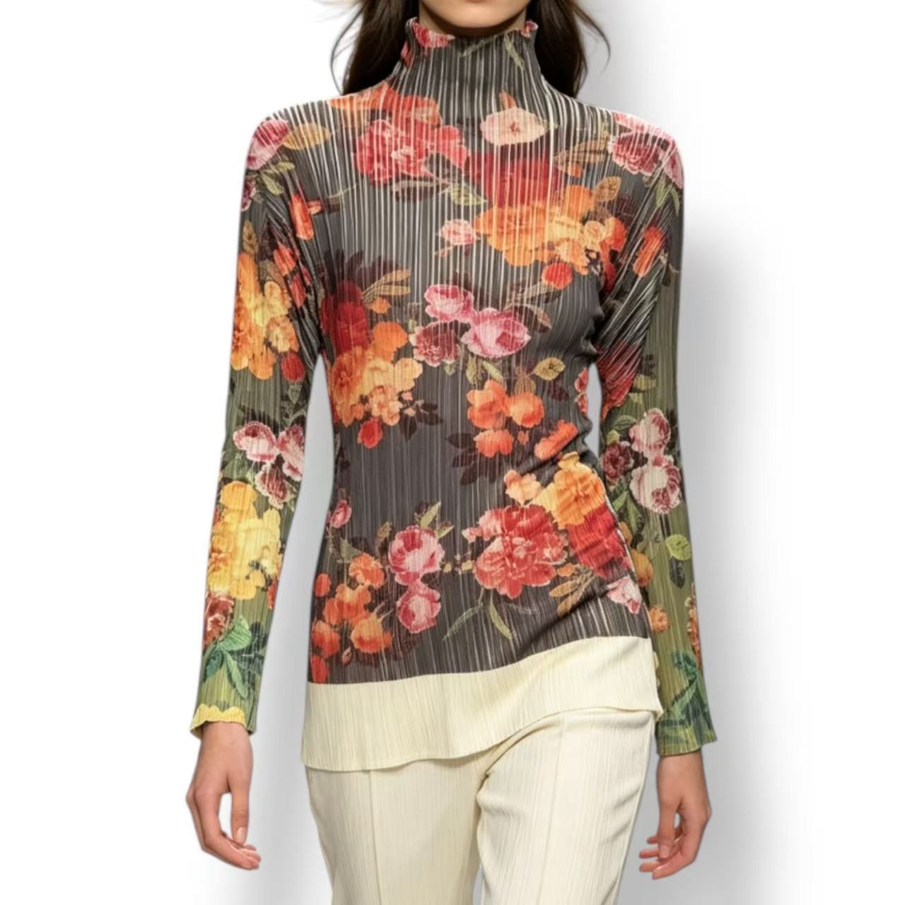極美品 ISSEY MIYAKE イッセイミヤケ PLEATS PLEASE 筋目プリーズ トップス 大いさ3 花柄 マルチ色合い トップス-Tシャツ・カットソー-レディースファッション