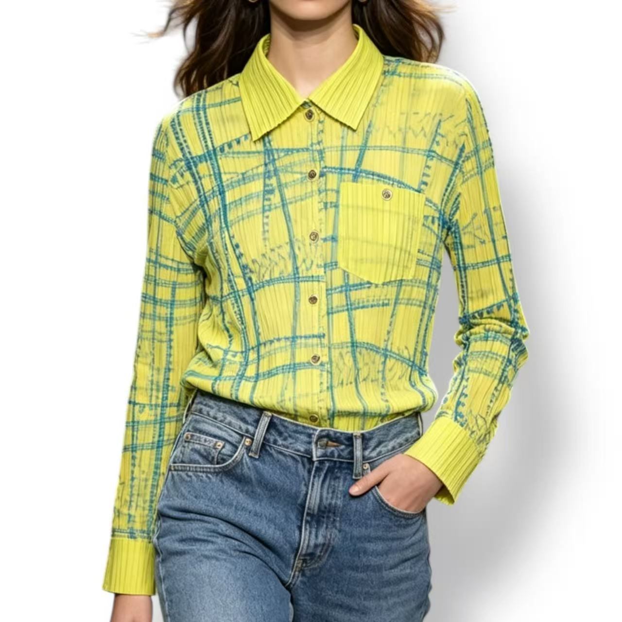 極美品 ISSEY MIYAKE イッセイミヤケ PLEATS PLEASE 筋目プリーズ トップス ジレー 大きさ3 黄色