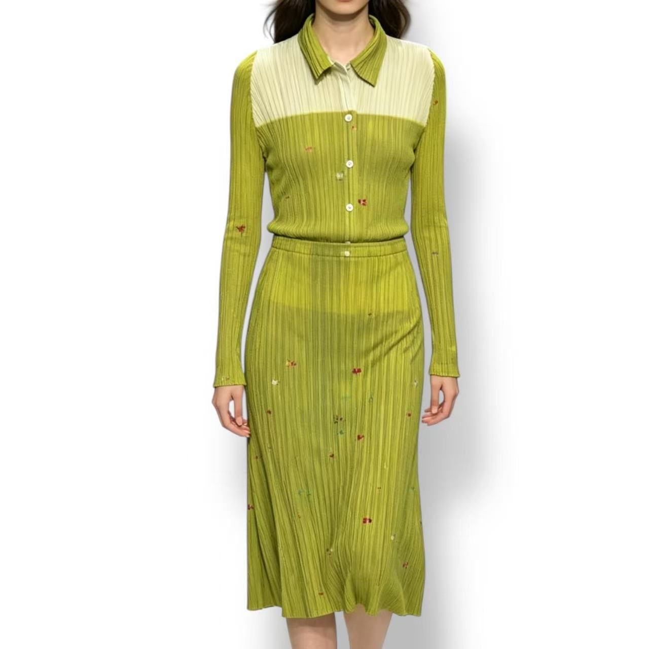 極美品 ISSEY MIYAKE イッセイミヤケ PLEATS PLEASE 筋目プリーズ セットアップ ジレー スコート 水彩画刷り上げる 緑であること 大きさ3
