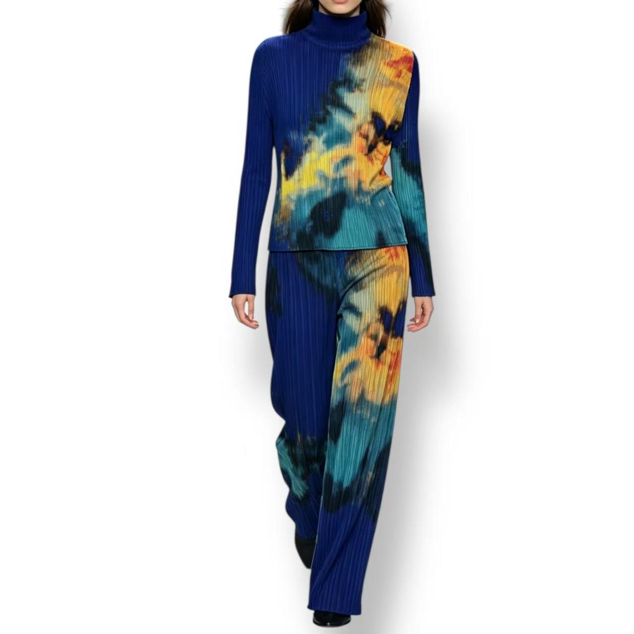 極美品 ISSEY MIYAKE イッセイミヤケ PLEATS PLEASE 筋目プリーズ  セットアップ トップス ズボン下 ムラ染め マルチ色つや 大きさ3