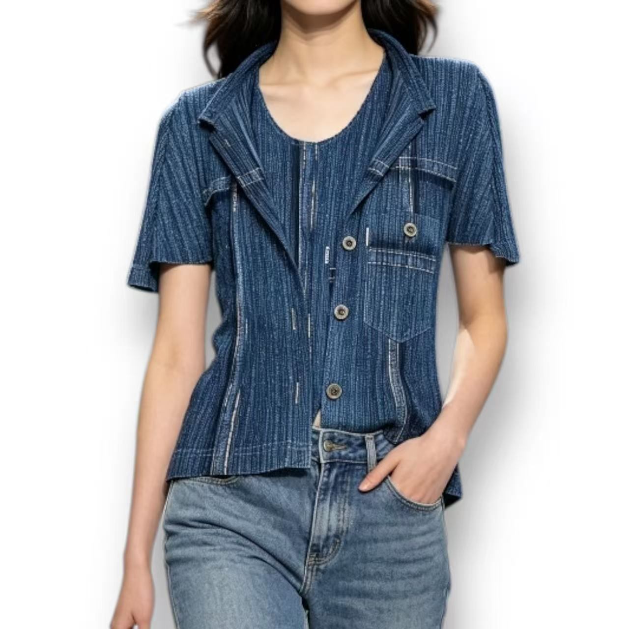 極美品 ISSEY MIYAKE イッセイミヤケ PLEATS PLEASE 筋目プリーズ トップス セットアップ ジレー より良い ジーンズ書き換える 青碧 大きさ3