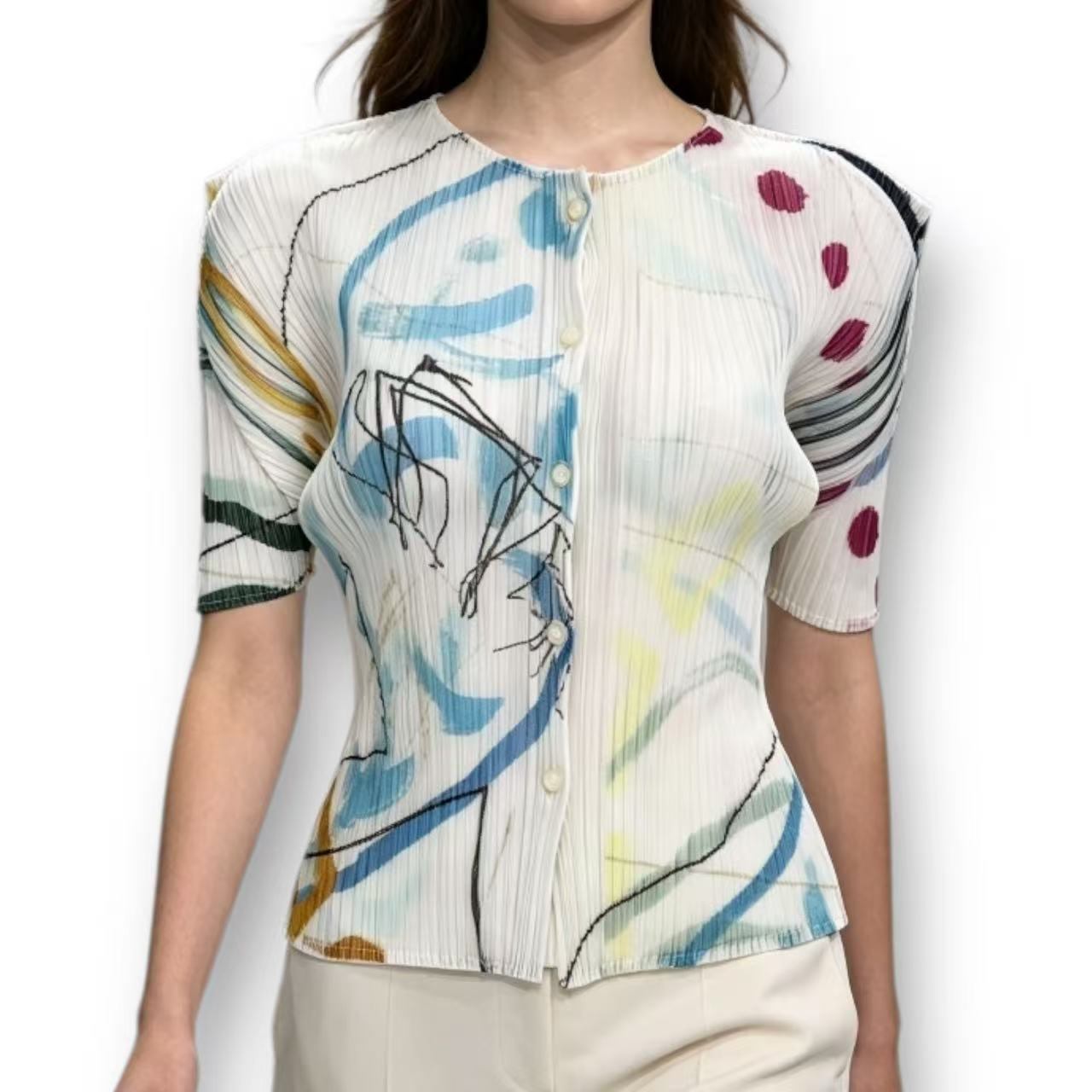 極美品 ISSEY MIYAKE イッセイミヤケ PLEATSPLEASE 筋目プリーズ 半袖トップス ジレー 薄っぺら 総柄 大きさ3