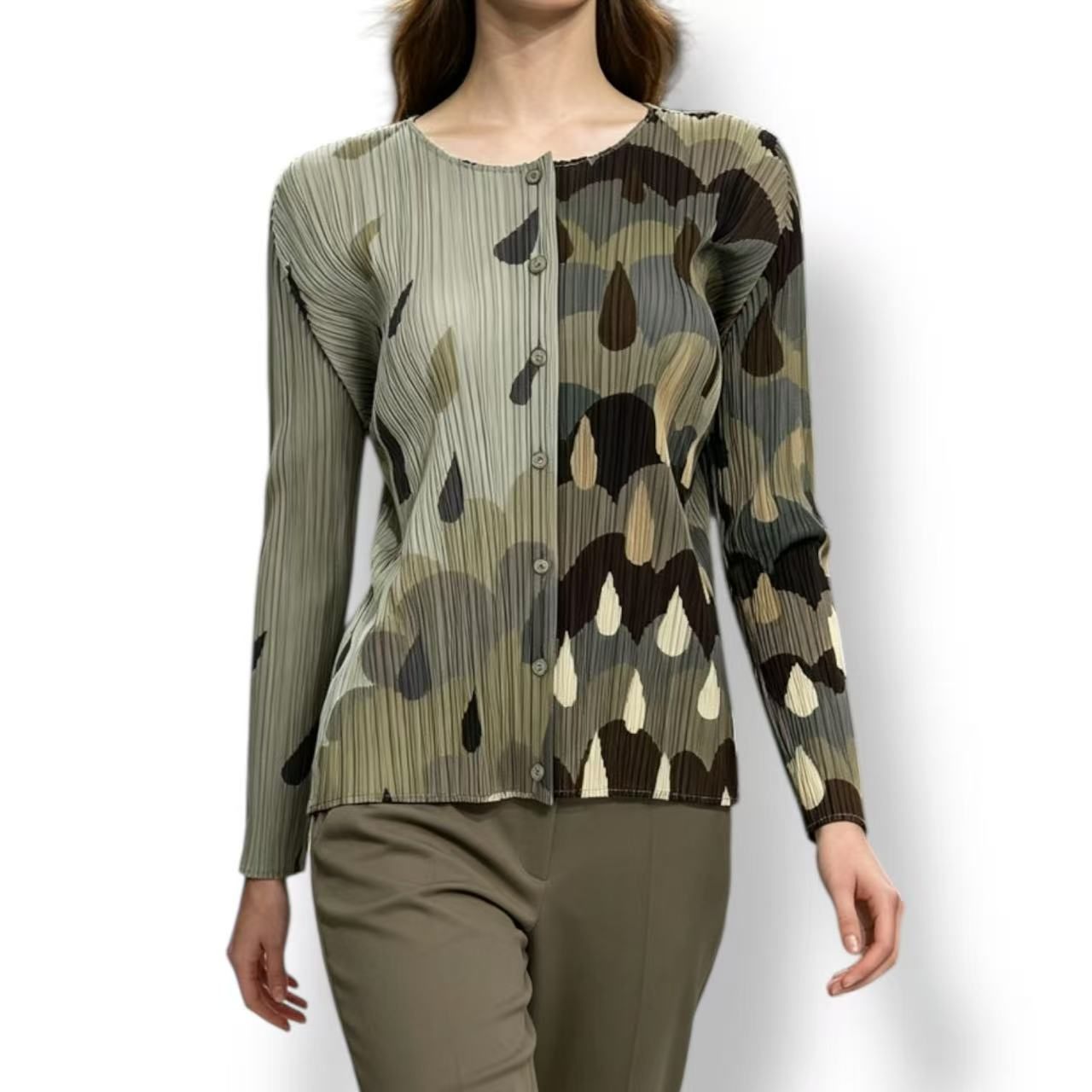 極美品 ISSEY MIYAKE イッセイミヤケ PLEATSPLEASE 筋目プリーズ ジレー 落っこちる柄 緑であること 大きさ3