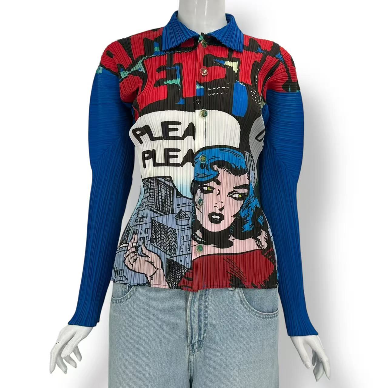 極美品 ISSEY MIYAKE イッセイミヤケ PLEATS PLEASE 筋目プリーズ ジレー 1999年アメコミプリーツシャツ  大きさ3