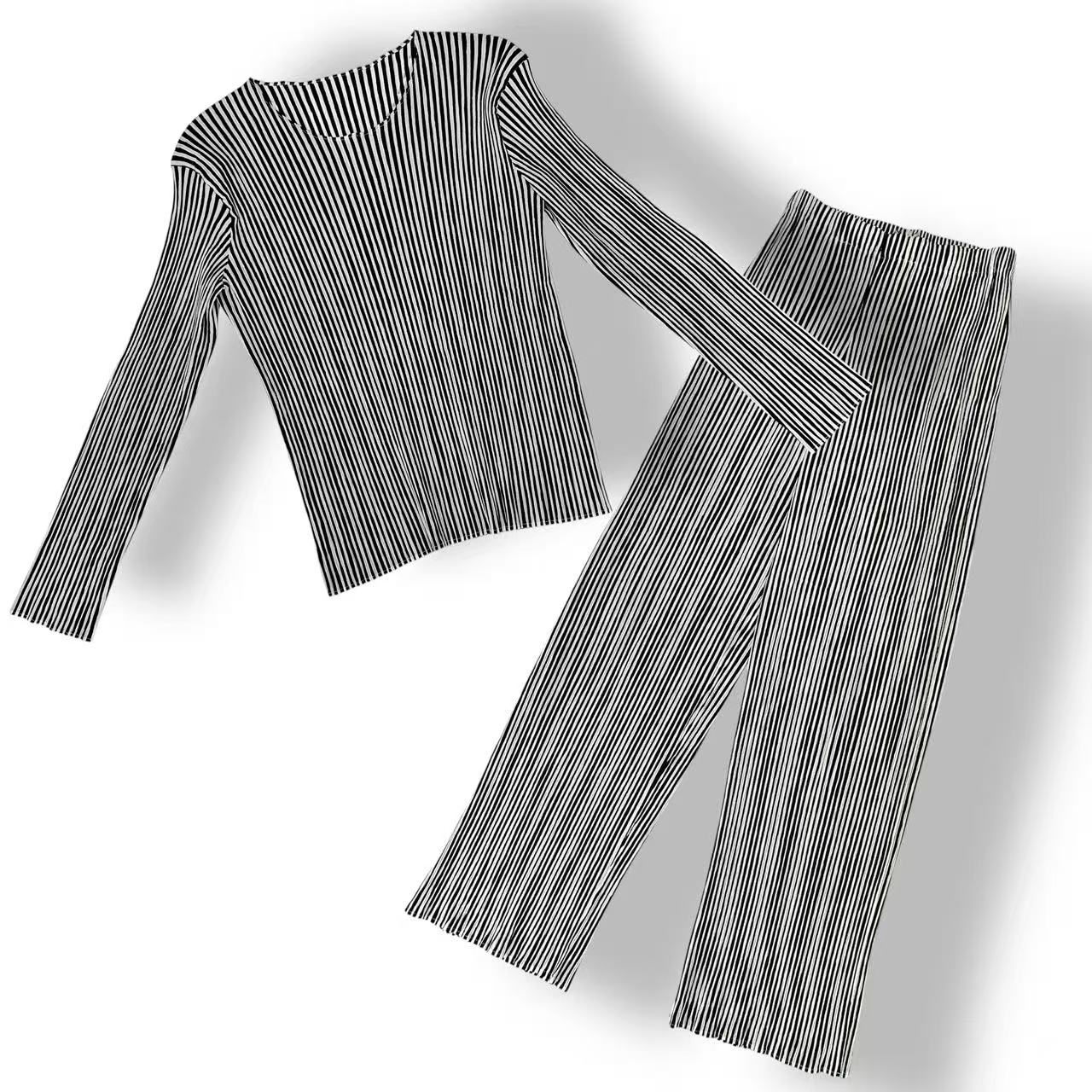 極美品 ISSEY MIYAKE イッセイミヤケ セットアップ カットソー ズボン下 黒いこと×白いこと 大きさ M 縞模様柄
