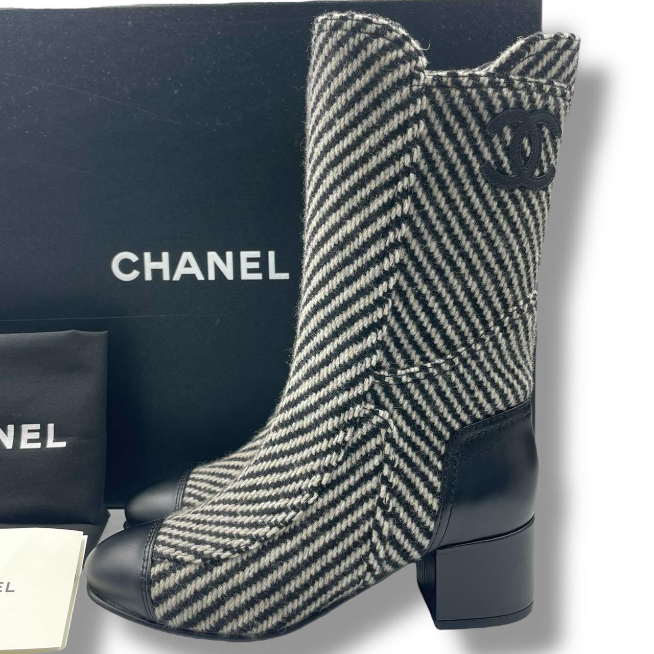 未当て嵌める品 CHANEL シャネル ブーツ ココマーク 黒いこと X 白いこと 黒 白 36.5C シューズ G31207 ツィード なめし革 15B レディース