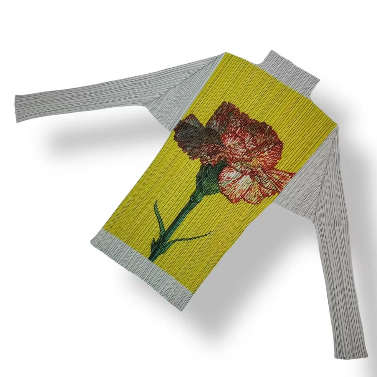 極美品 ISSEY MIYAKE イッセイミヤケ PLEATS PLEASE 筋目プリーズ トップス カットソー カーネーション 花柄 黄色 x 薄墨色 大きさ3