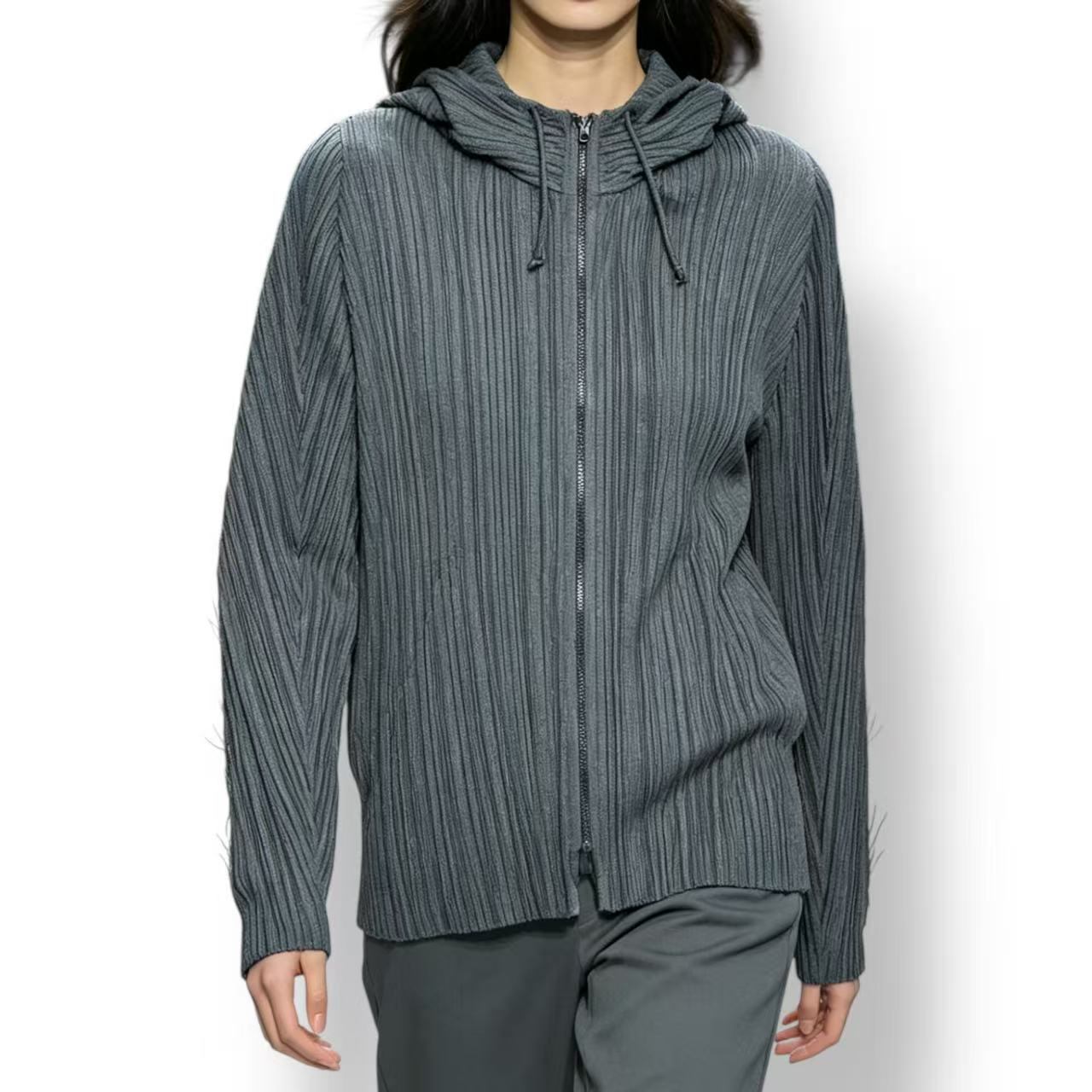 極美品 ISSEY MIYAKE イッセイミヤケ PLEATS PLEASE 筋目プリーズ ジップアップパーカー 薄墨色 大きさ4