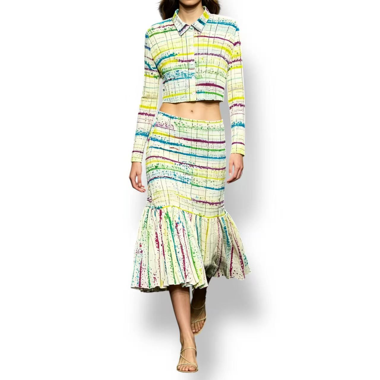 極美品 ISSEY MIYAKE イッセイミヤケ PLEATS PLEASE 筋目プリーズ セットアップ ジレー スコート えの具柄 照合のしるし マルチ色つや 大きさ3