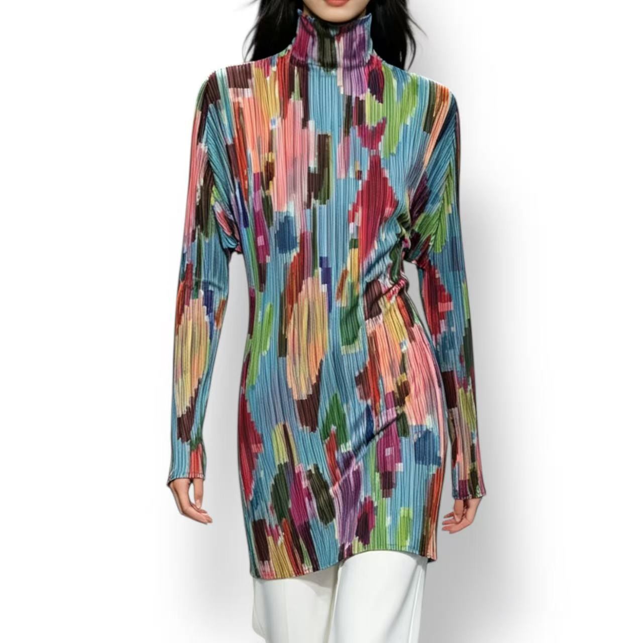 極美品 ISSEY MIYAKE イッセイミヤケ PLEATS PLEASE プリーツプリーズ カットソー 長袖 ハイネック ストレッチ 総柄 マルチカラー サイズ3｜Tokyo Vintage Brand