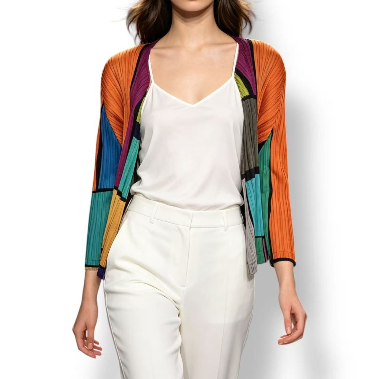 極美品 ISSEY MIYAKE イッセイミヤケ PLEATS PLEASE 筋目プリーズ ジレー グラフィック刷り上げる マルチ色つや 大きさ3