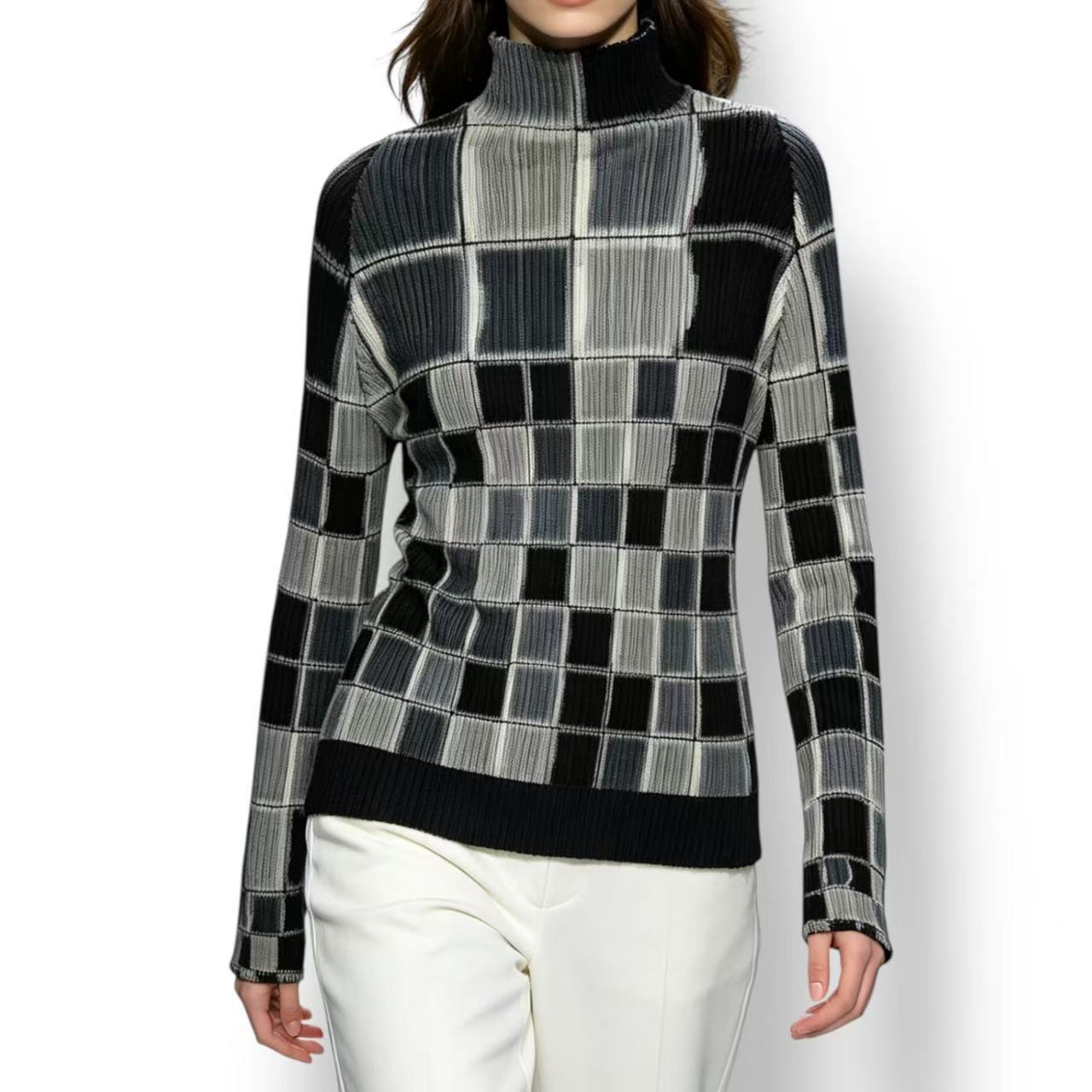 極美品 ISSEY MIYAKE イッセイミヤケ PLEATS PLEASE 筋目プリーズ カットソー モザイック柄 薄墨色 大いさ3