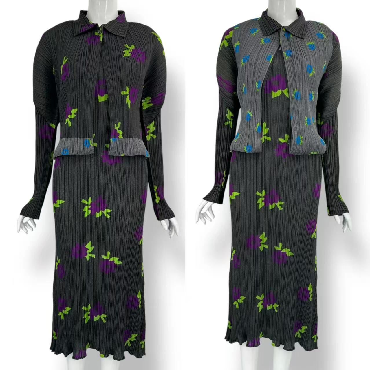 極美品 ISSEY MIYAKE イッセイミヤケ PLEATS PLEASE 筋目プリーズ セットアップ トップス ジレー 衣装 2WAY遣りかた 薄墨色 大きさ3