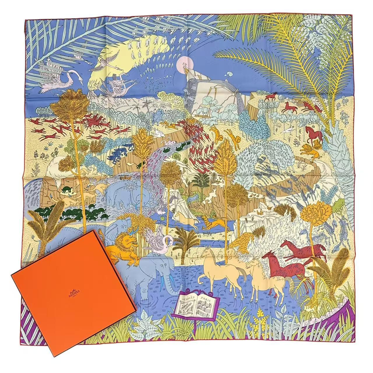 未当てはめる品 HERMES エルメス カレ90 えり巻き 絹地 2023年春夏寄せあわせ LE CARNAVAL DES ANIMAL HERMES 毛の荒物の謝肉祭 青碧