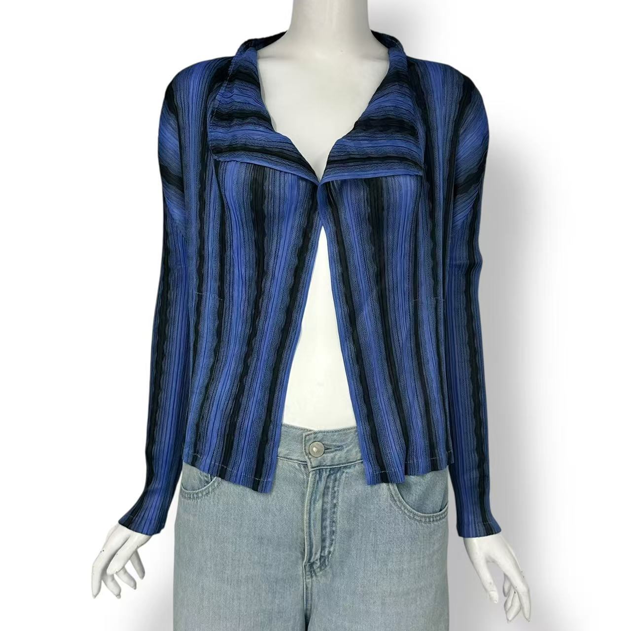 極美品 ISSEY MIYAKE イッセイミヤケ PLEATS PLEASE 筋目プリーズ ジレー 青み 縞模様柄 大きさ4
