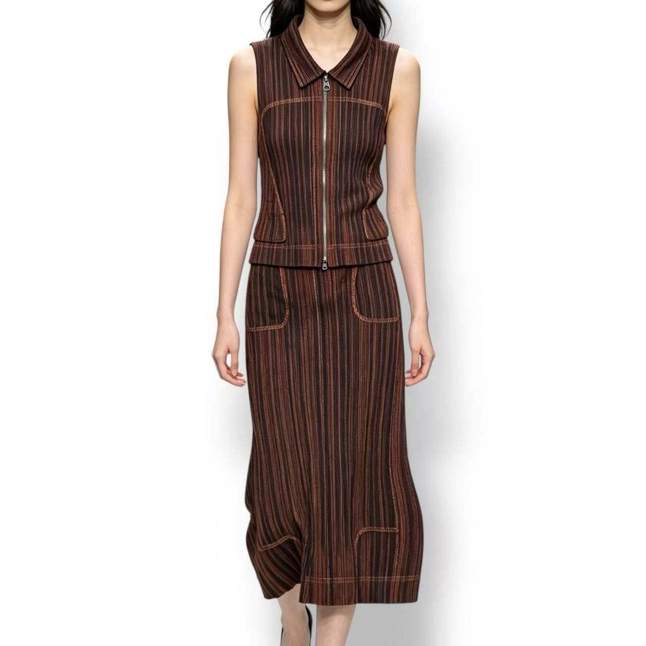 新品負けず劣らず ISSEY MIYAKE イッセイミヤケ PLEATS PLEASE 筋目プリーズ セットアップ ジップアップベスト スコート カウお嬢さん 赤銅色 大きさ4