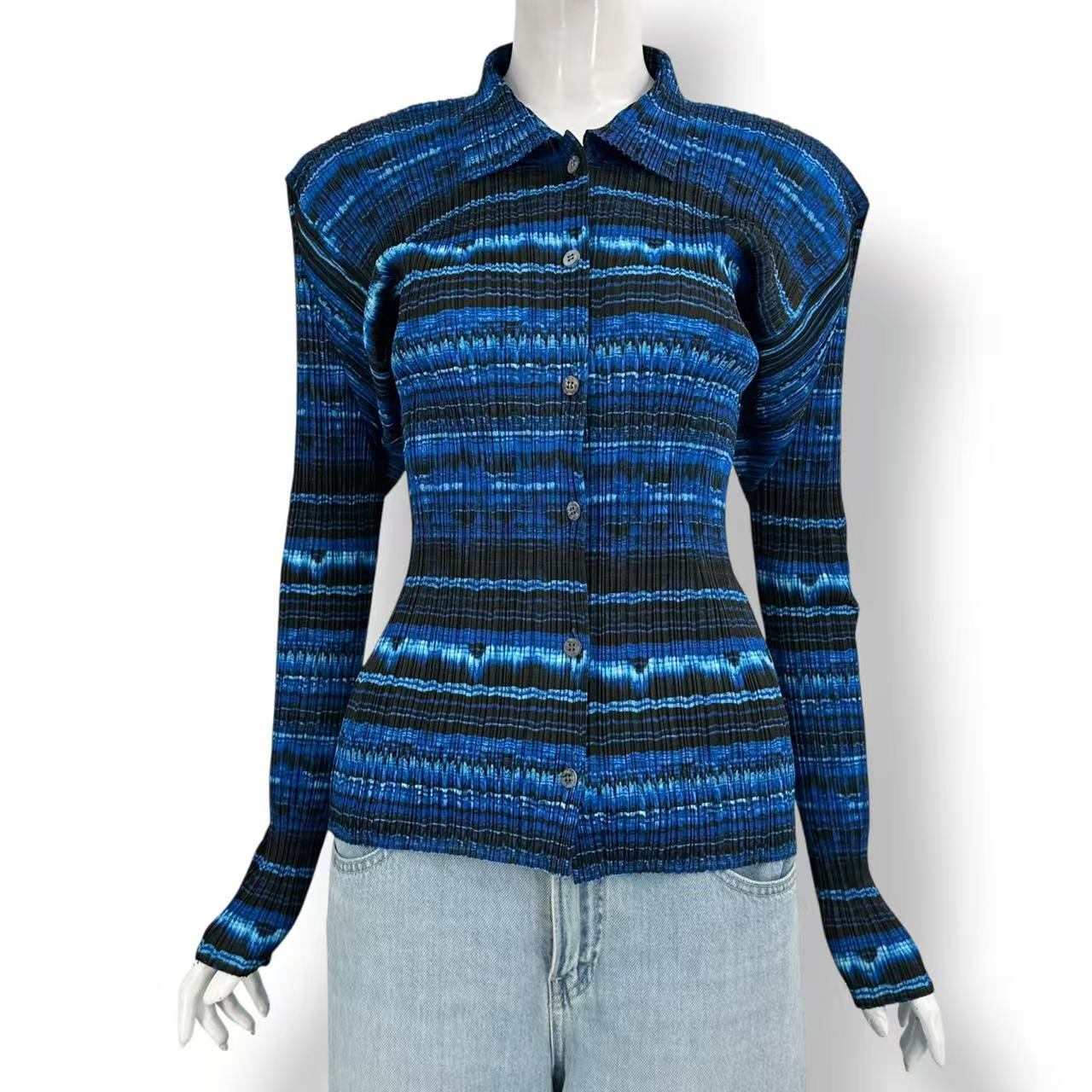 極美品 ISSEY MIYAKE イッセイミヤケ PLEATS PLEASE 筋目プリーズ ジレー 総柄 青み 大きさ5