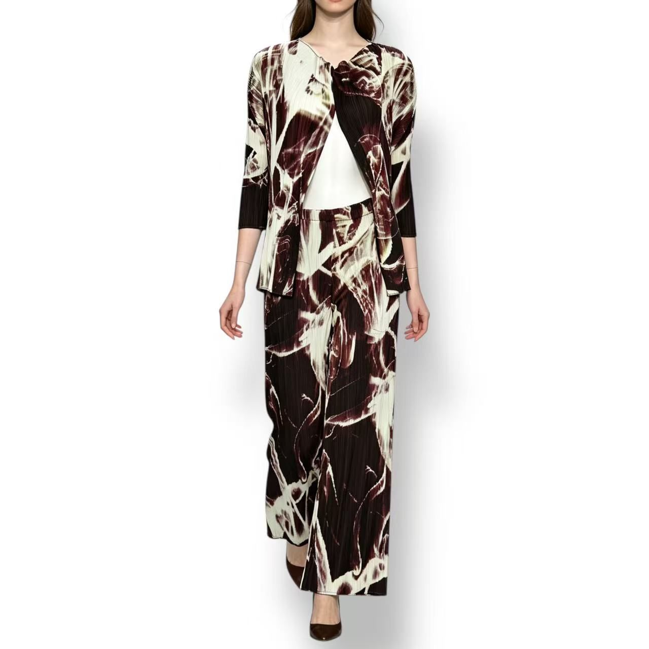 極美品 ISSEY MIYAKE イッセイミヤケ PLEATS PLEASE 筋目プリーズ セットアップ トップス ジレー ズボン下 総柄 マルチ色つや 大きさ3