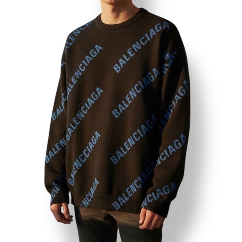 極美品 BALENCIAGA バレンシアガ ビッグシルエット メンズ 長袖ニット ブランド ロゴ 総柄 ブラック ブルー｜Tokyo Vintage Brand