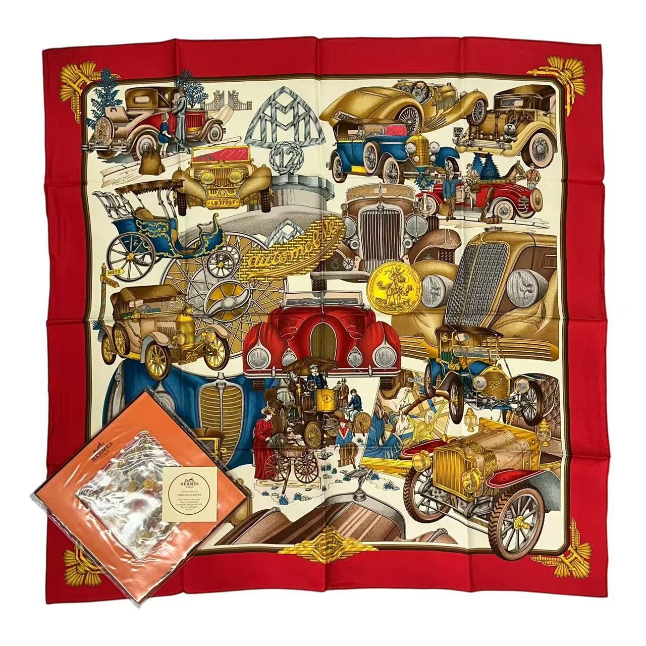 未当て嵌める品 HERMES エルメス カレ90 えり巻き 絹地 L\u0027・・l・・gance et le Confort en Automobile 乗用車の好いたらしい 赤いこと 箱付き添い人