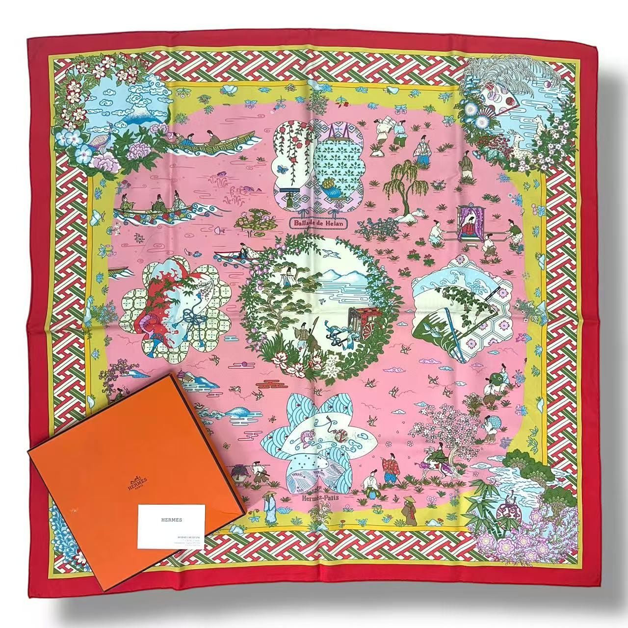 美品 HERMES エルメス カレ90 えり巻き 絹地 Ballade de Heian 長閑やかさの庭にて サクラ色 箱付き添い人
